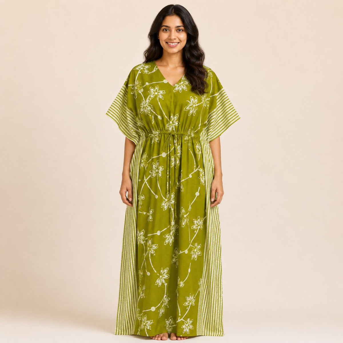 Olive Green Floral Printed Premium Cotton Feeding Kaftan | Free Size | Chest Width 44″| Length 56″