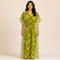 Olive Green Floral Printed Premium Cotton Feeding Kaftan | Free Size | Chest Width 44″| Length 56″
