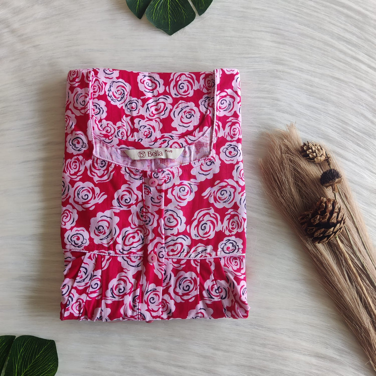 White Floral Printed Pink Premium Cotton Plus Size Button Zip Nighty | Chest Width 50″| Length 55″-56″
