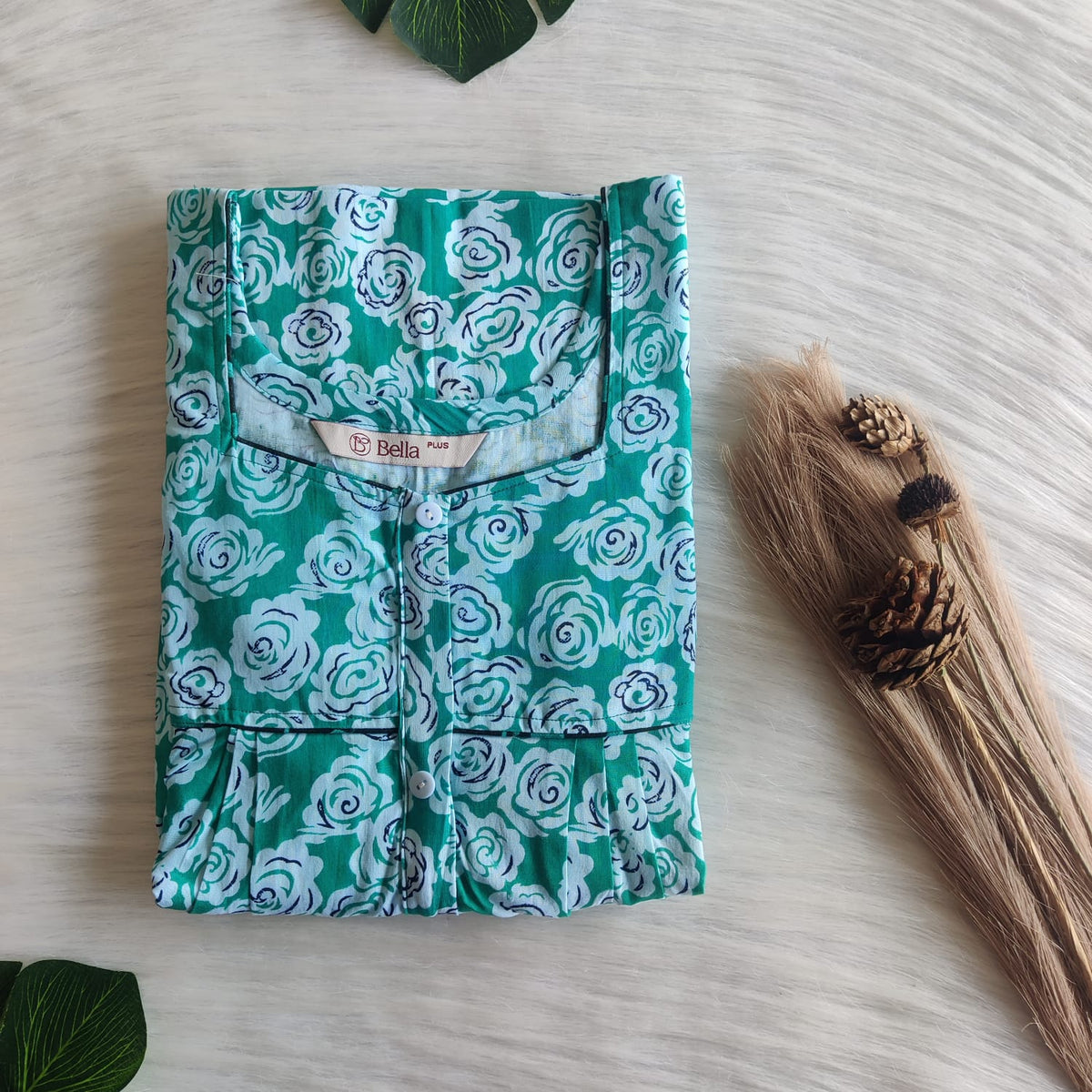 White Floral Printed Green Premium Cotton Plus Size Button Zip Nighty | Chest Width 50″| Length 55″-56″