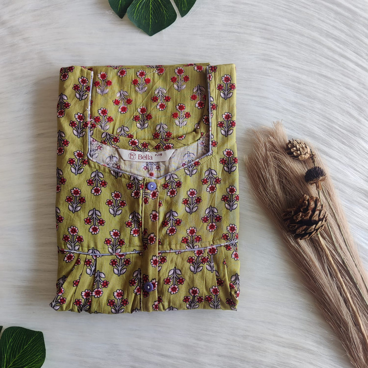 Red Floral Printed Green Premium Cotton Plus Size Button Zip Nighty | Chest Width 50″| Length 55″-56″