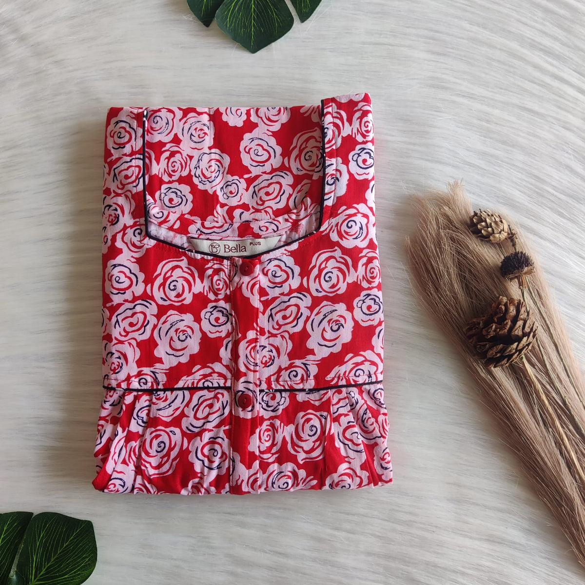 White Floral Printed Red Premium Cotton Plus Size Button Zip Nighty | Chest Width 50″| Length 55″-56″
