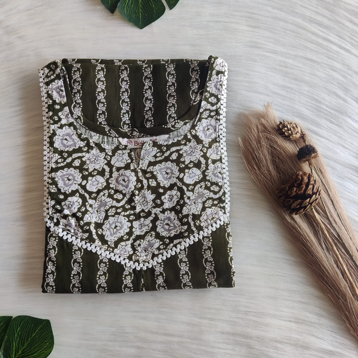 White And Green Printed Premium Cotton Plus Size Mix N Match Lace Pocket Nighty | Chest Width 50″| Length 56″