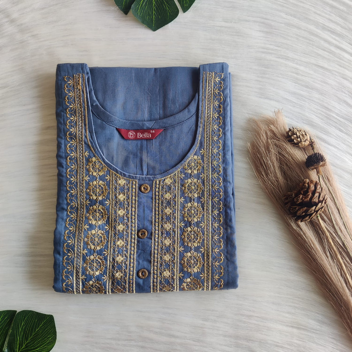 Pastel Blue Golden Thread Embroidery 3/4 Sleeve Cotton Churidar Cut Nighty  | Chest Width 44″ | Length 56″