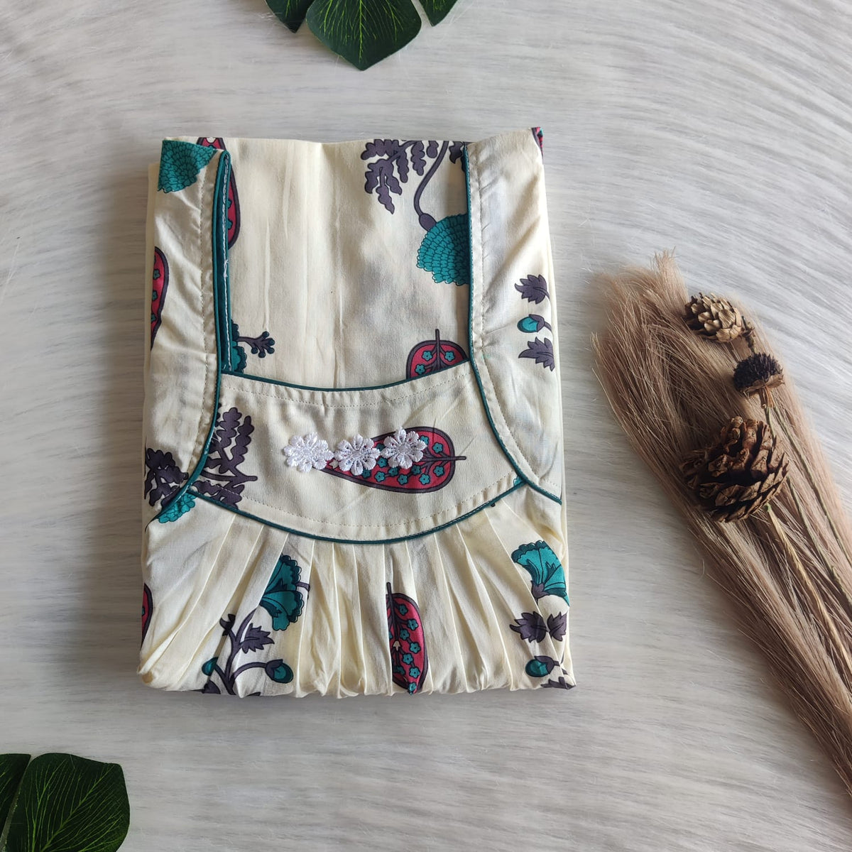 Green Floral Printed Ivory Premium Cotton Three Flower Nighty |Free Size | Chest Width 44"| Length 54"-55"