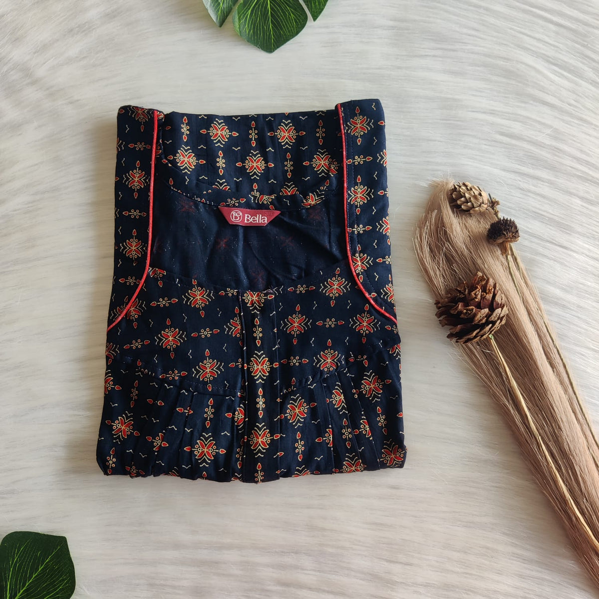 Red Printed Navy Blue Gujari Cotton Pleated Zip Nighty | Chest Width 44″ | Length 54″-55″