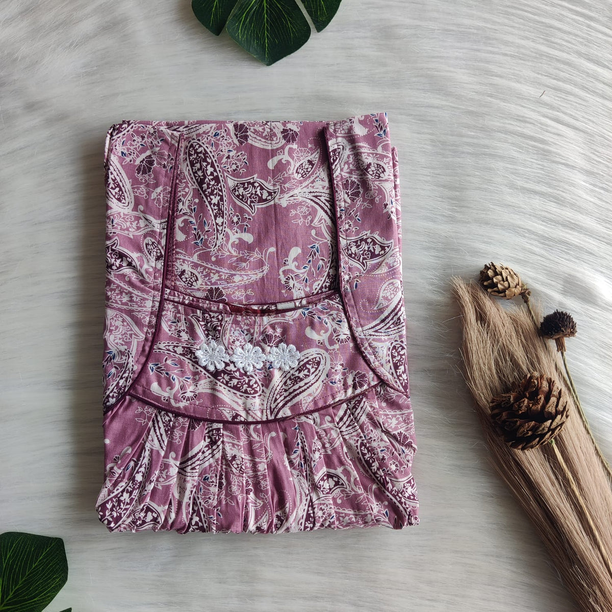 Garage Sale - Mauve Kalamkari Cotton Three Flower Nighty |Free Size | Chest Width 44"| Length 54"-55"