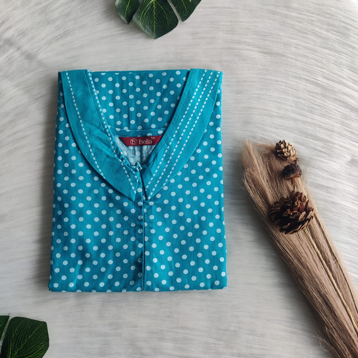 Garage Sale - Blue And White Dot Printed Premium Cotton Peter Pan Collar Long Zip Feeding Nighty | Free Size | Chest Width 44″| Length 56″