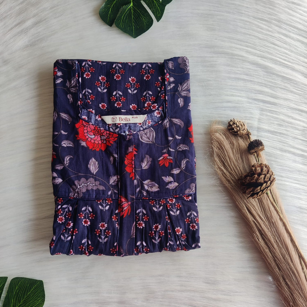 Garage Sale - Navy Blue And Red Floral Printed Premium Cotton Pleated Vertical Zip Feeding Nighty | Free Size | Chest Width 44″| Length 54″-56″