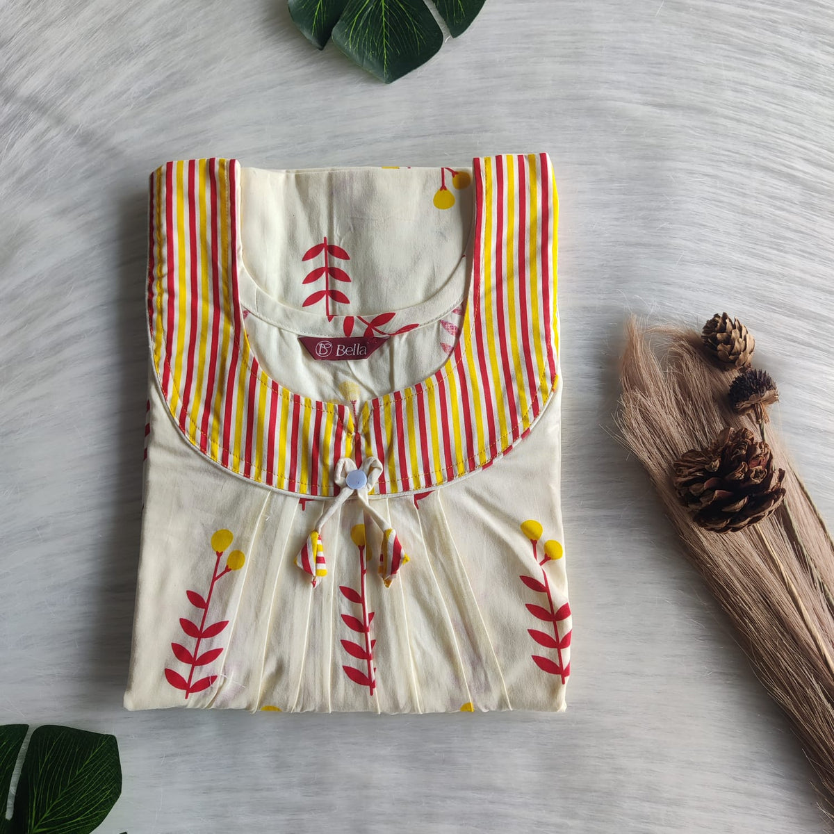 Garage Sale - Yellow And Ivory Floral Printed Premium Cotton No Zip Pleated Nighty | Free Size | Chest Width 44″| Length 55″-56″