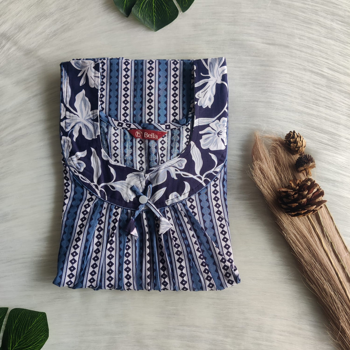 Garage Sale - White And Navy Blue Stripes Printed Premium Cotton No Zip Pleated Nighty | Free Size | Chest Width 44″| Length 55″-56″