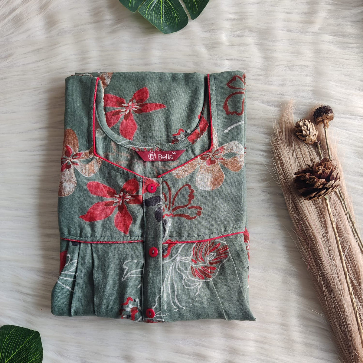 Red Floral Printed Green Alpine Plus Size Button Zip Nighty | Free Size | Chest Width 50″| Length 54″