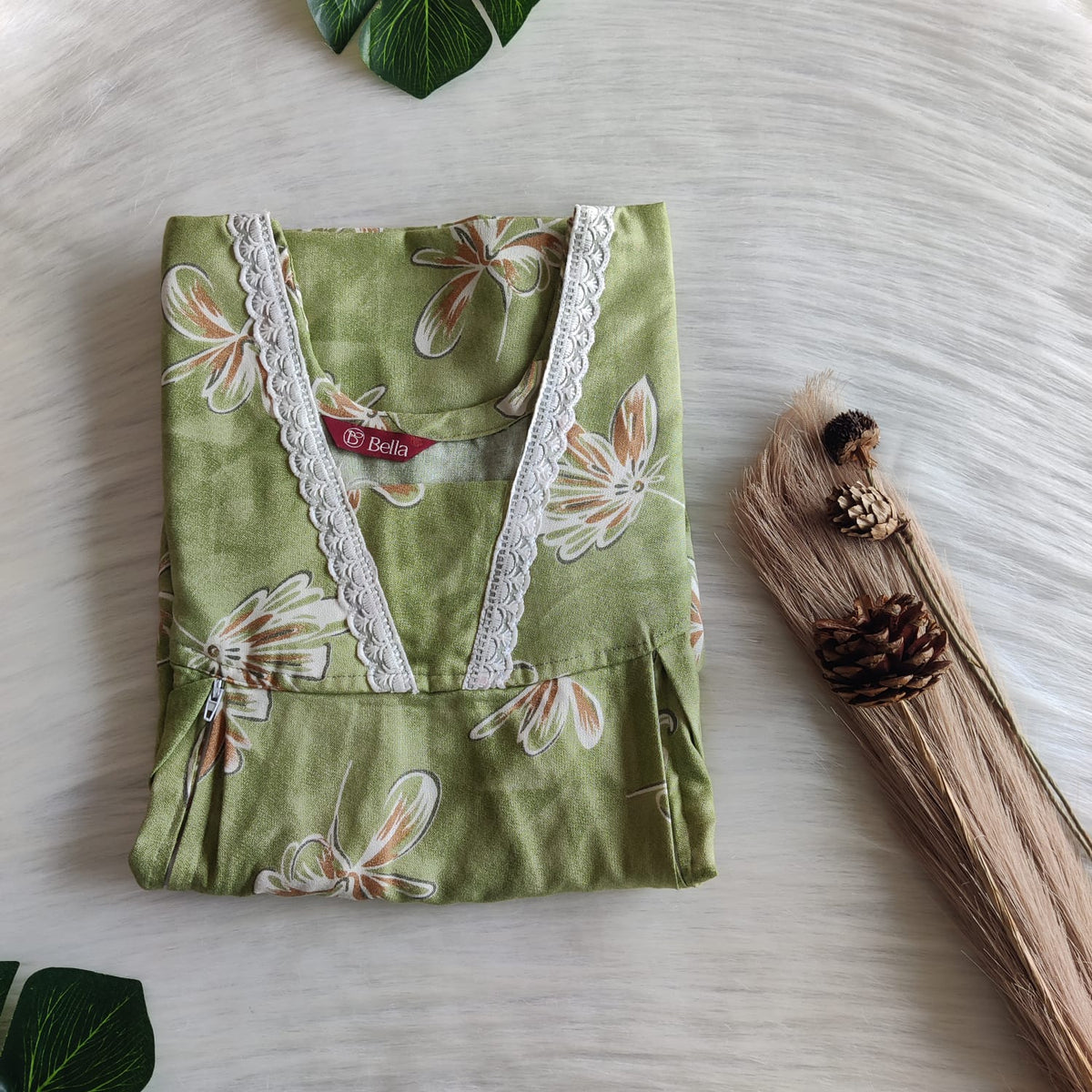 Pastel Green Floral Printed Alfine Two Side Vertical Zip Lace Nighty | Free Size | Chest Width 44″ | Length 56″