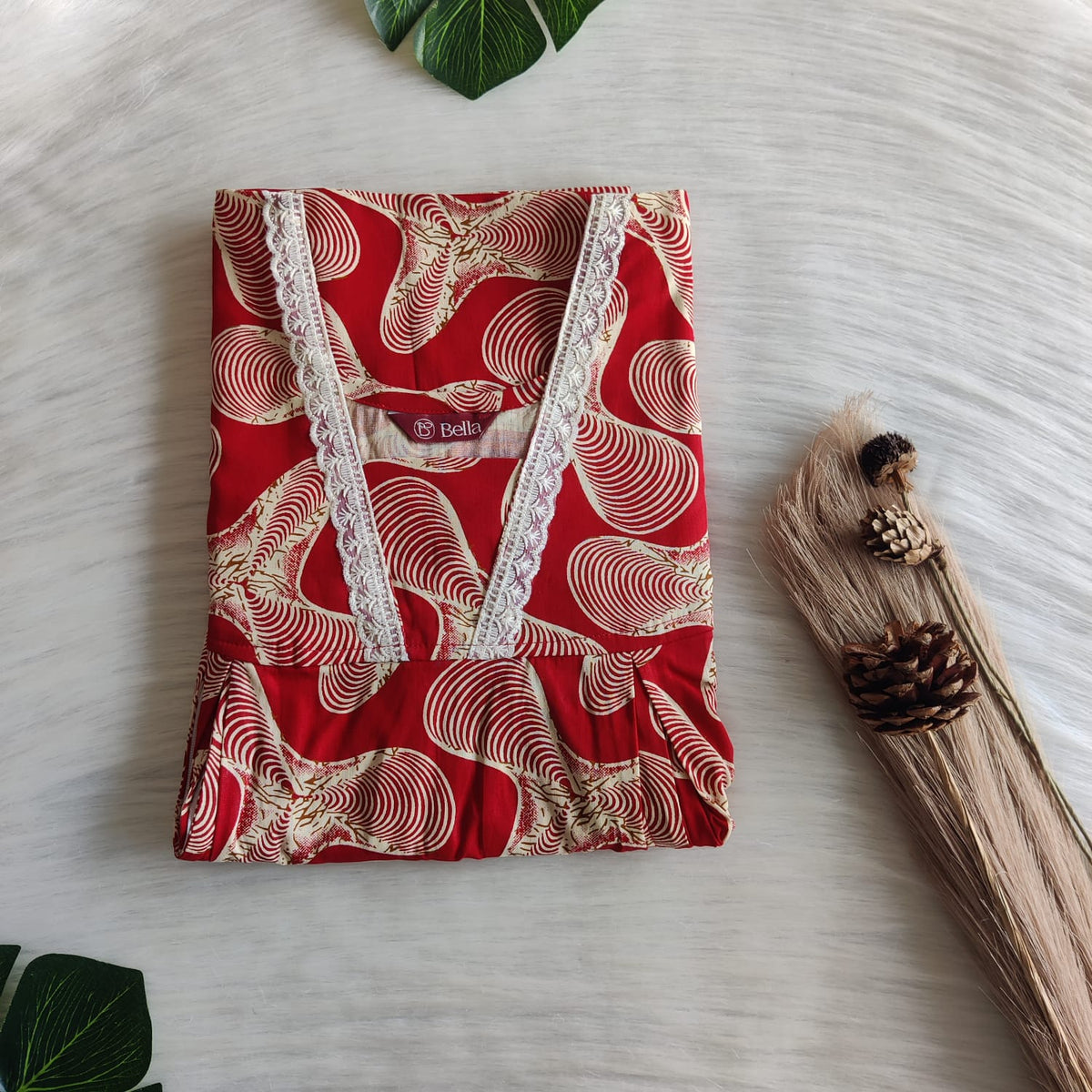 Cream Printed Red Gujari Cotton Two Side Vertical Lace Zip Feeding Nighty | Free Size | Chest Width 44″| Length 56″