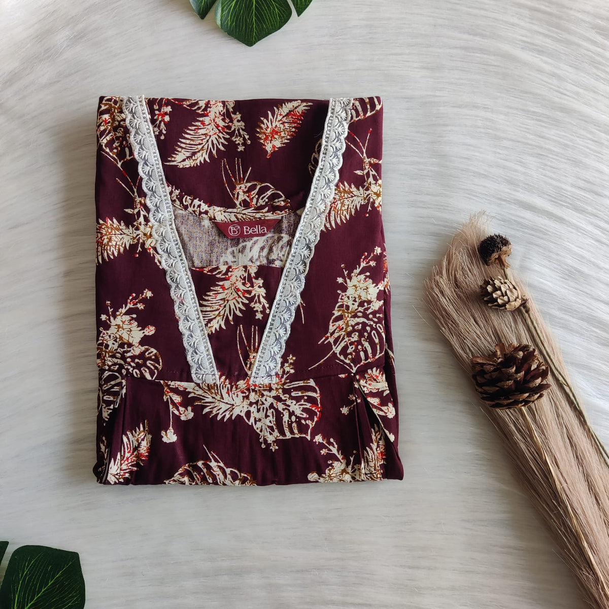 Cream Leaf Printed Maroon Gujari Cotton Two Side Vertical Lace Zip Feeding Nighty | Free Size | Chest Width 44″| Length 56″