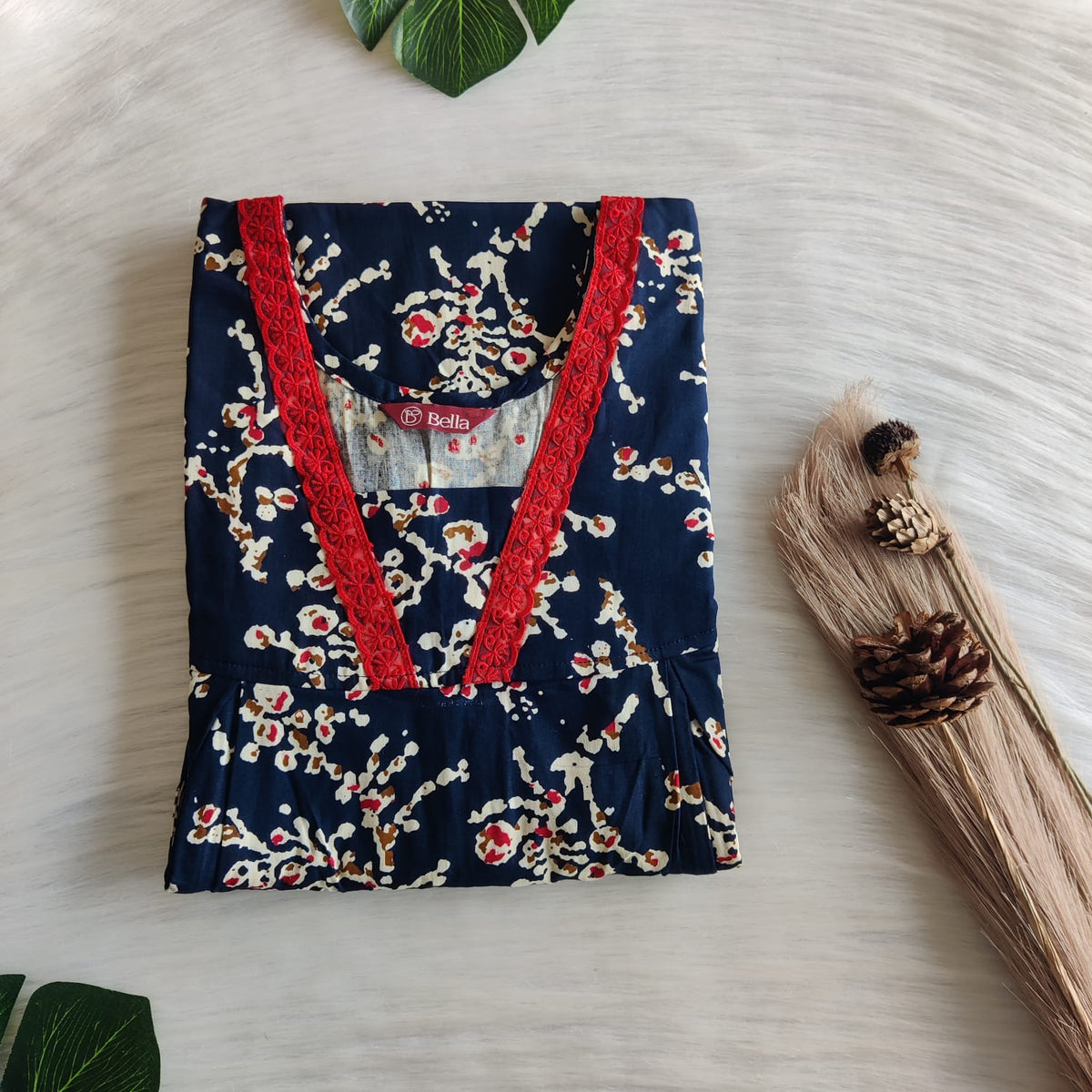 Cream Printed Navy Blue Gujari Cotton Two Side Vertical Lace Zip Feeding Nighty | Free Size | Chest Width 44″| Length 56″