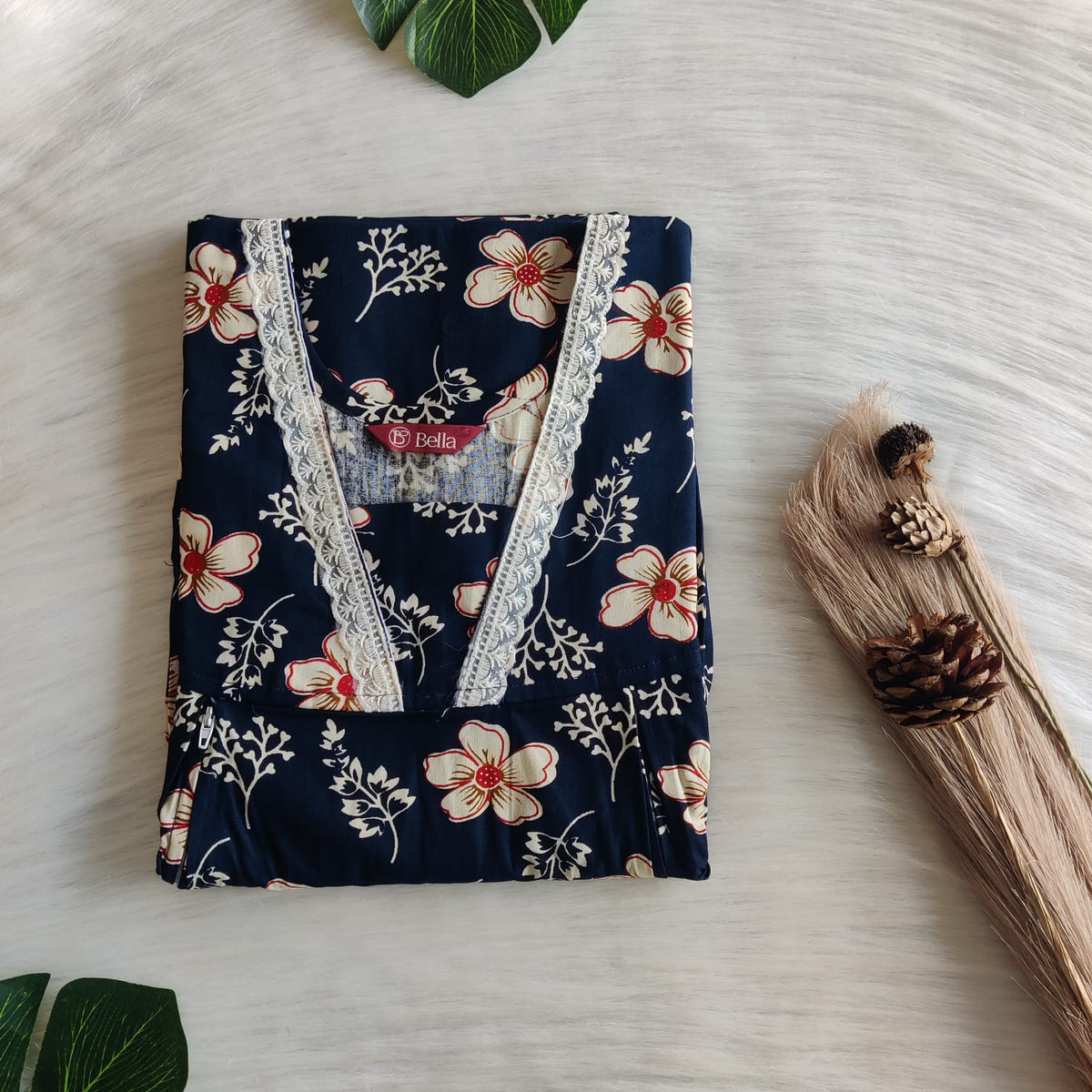Cream Floral Printed Navy Blue Gujari Cotton Two Side Vertical Lace Zip Feeding Nighty | Free Size | Chest Width 44″| Length 56″