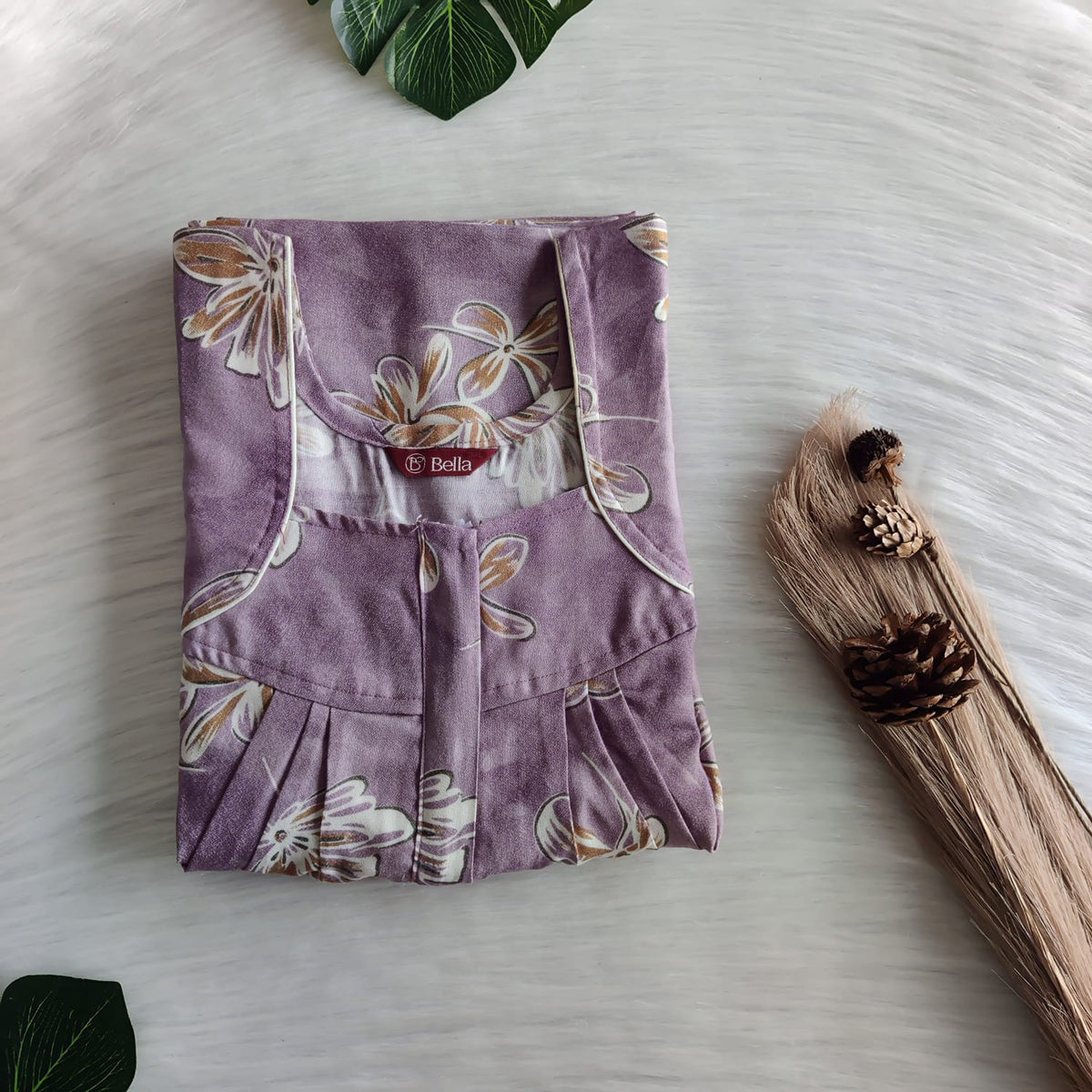 Lavender Floral Printed Alfine Plus Size Pleated Zip Nighty | Chest Width 50″| Length 54″-56″