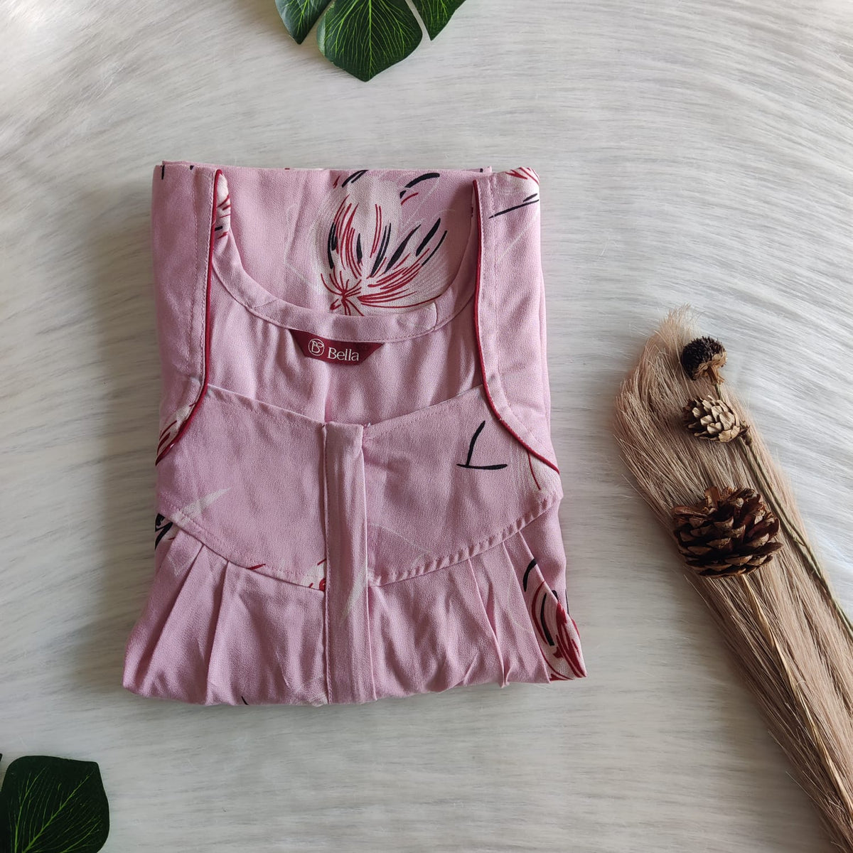 Pastel Pink Printed Alfine Pleated Zip Nighty | Free Size | Chest Width 44″| Length 54″-55″