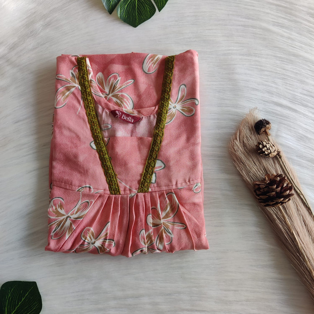 Peach Floral Printed Alfine 60 Inch Length V-Neck Lace Pleated Nighty | No Zip | Free Size | Chest Width 44″| Length 60″