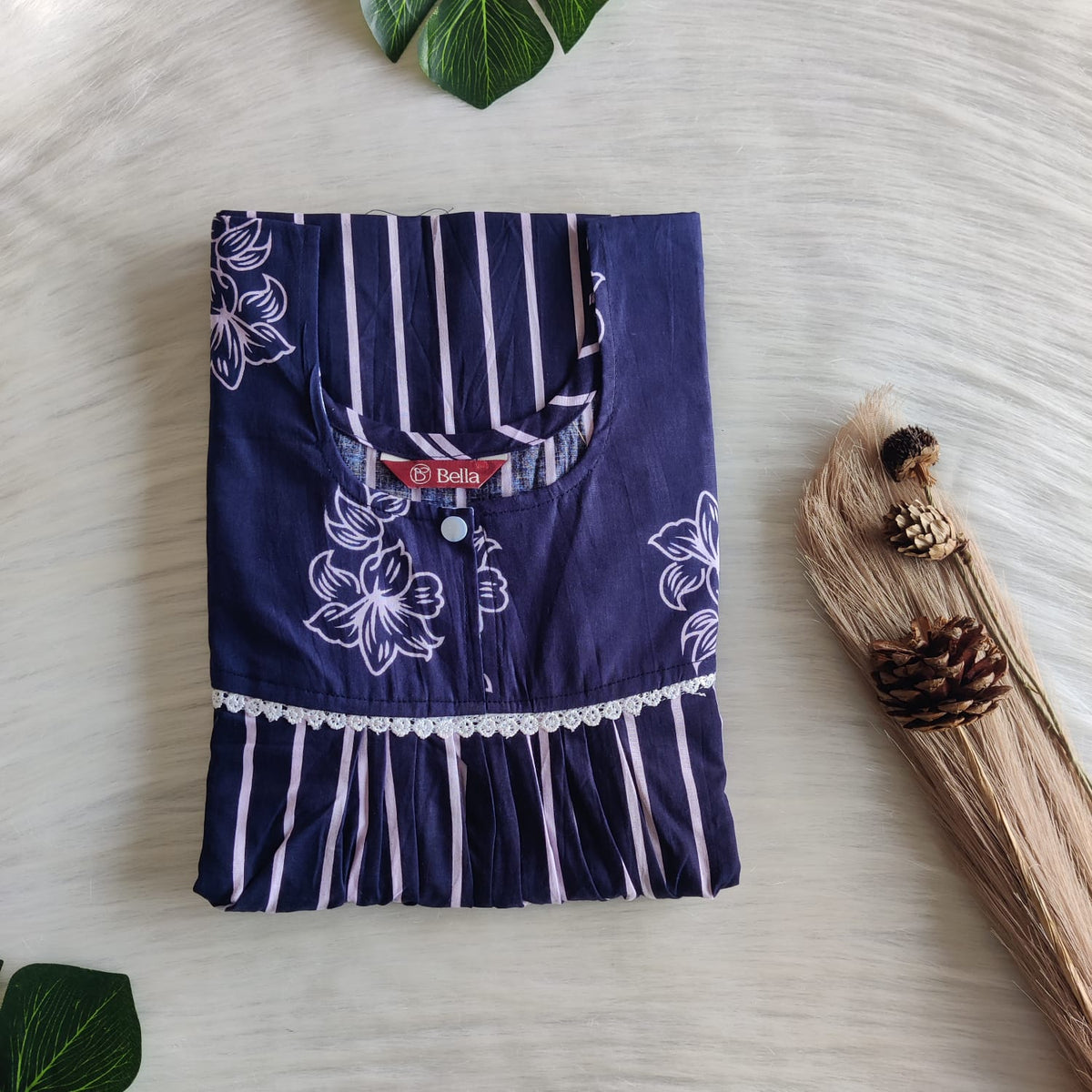 Navy Blue And White Stripes Printed Premium Cotton Lace Nighty | Free Size | Chest Width 44″| Length 54″-56″