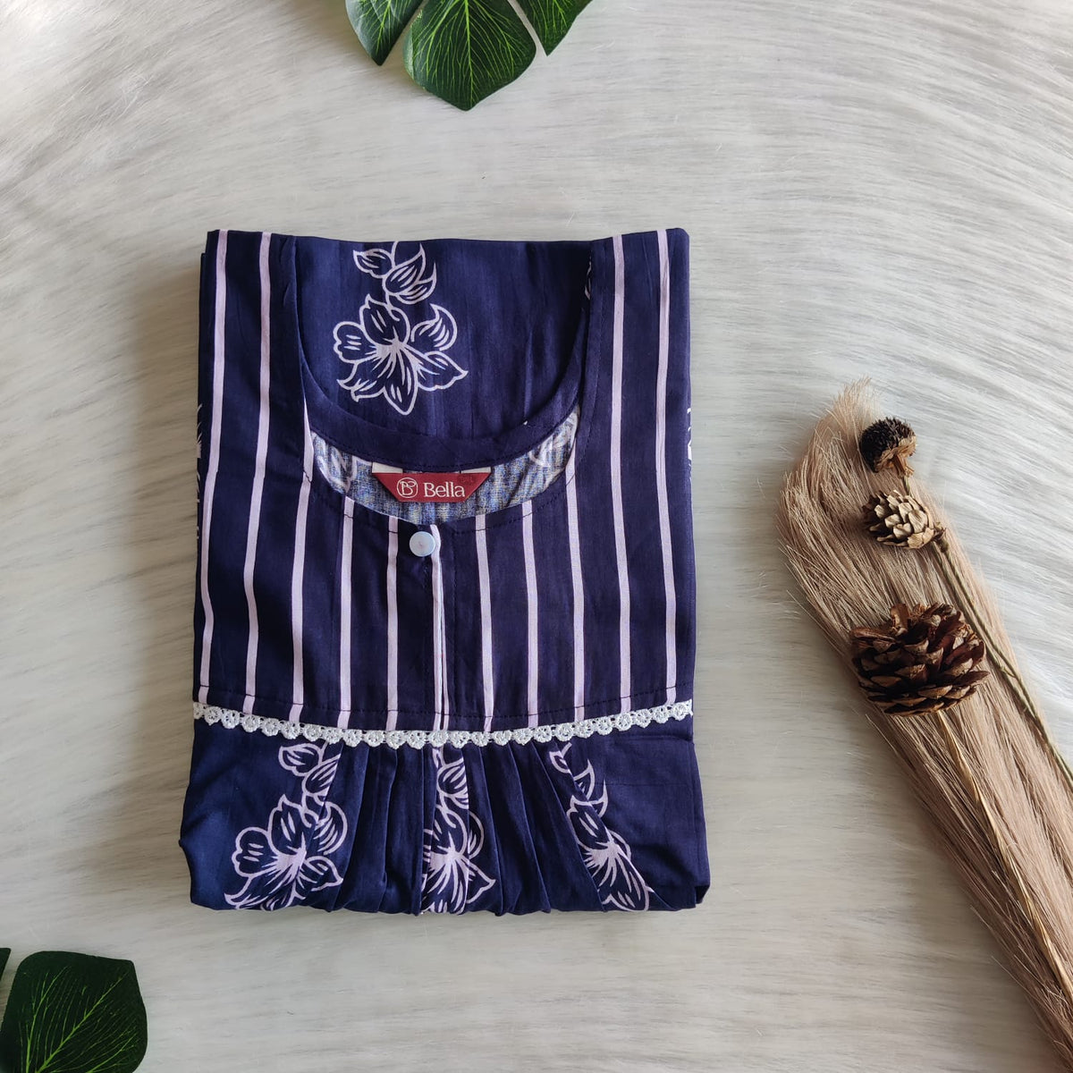 White And Navy Blue Floral Printed Premium Cotton Lace Nighty | Free Size | Chest Width 44″| Length 54″-56″