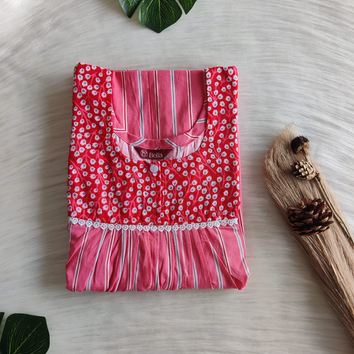 Red And Peach Stripes Printed Premium Cotton Lace Nighty | Free Size | Chest Width 44″| Length 54″-56″