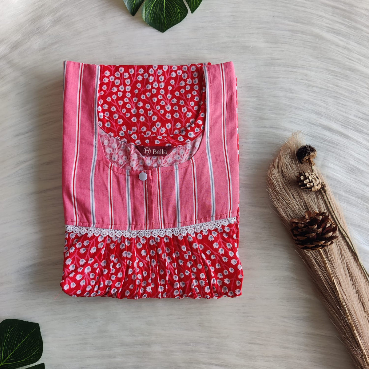 Peach And Red Floral Printed Premium Cotton Lace Nighty | Free Size | Chest Width 44″| Length 54″-56″