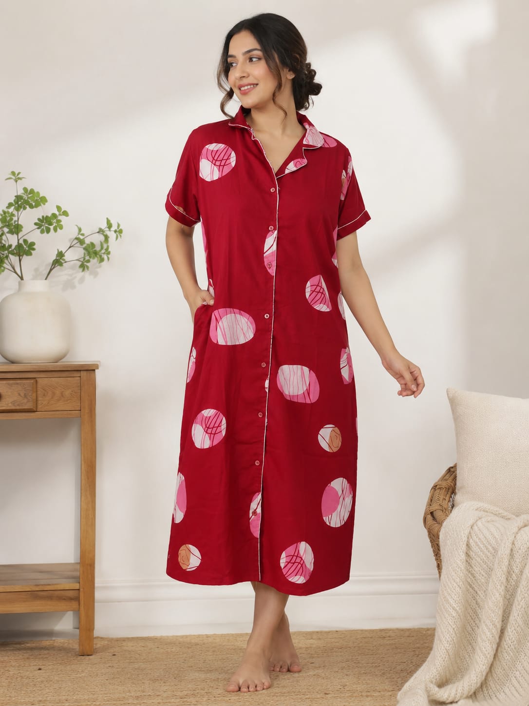 Garage Sale - Red Dot Printed Alfine Full Open Long Polo Shirt Dress | Side Pocket | Free Size | Chest Width 44″| Length 44″