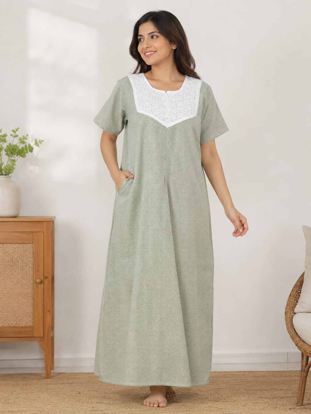 Green Check Printed Seer Sucker Long Zip Lace Nighty | Free Size | Chest Width 44″| Length 56″