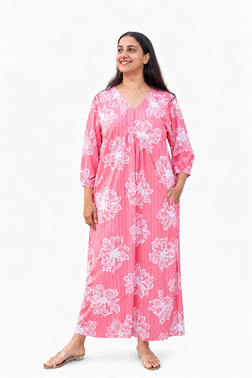Peach Floral Printed Cotton Slub V - Neck Feeding Kurti With Centre Long Invisible Zip | Free Size