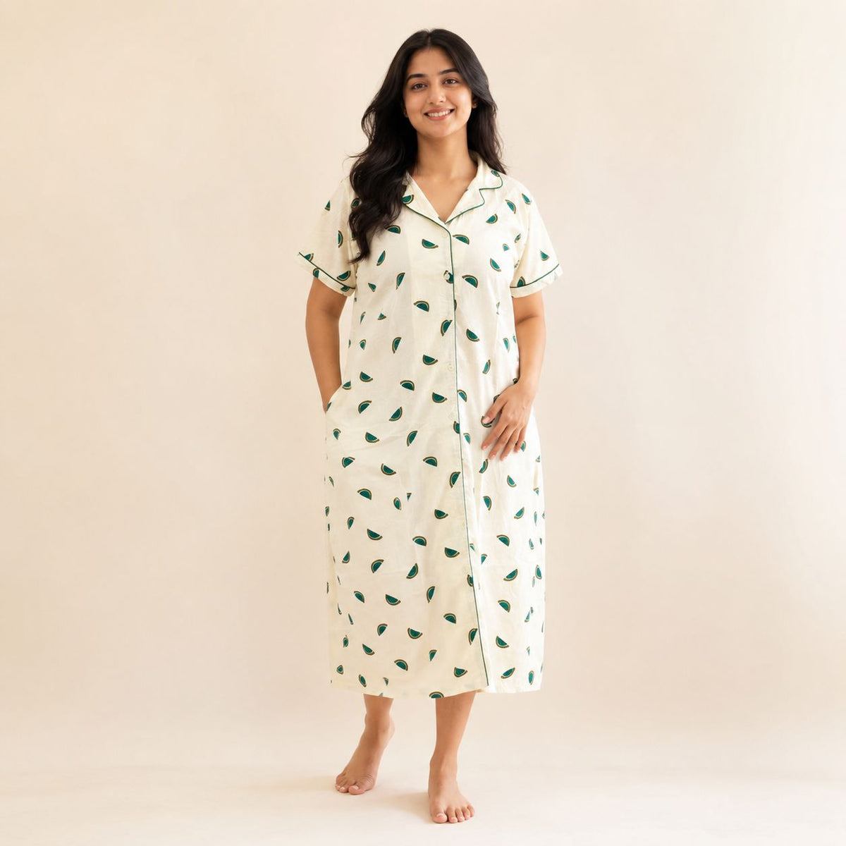 Green Water Melon Printed Ivory Premium Cotton Full Open Long Polo Shirt Dress | Side Pocket | Free Size | Chest Width 44″| Length 44″