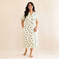 Green Water Melon Printed Ivory Premium Cotton Full Open Long Polo Shirt Dress | Side Pocket | Free Size | Chest Width 44″| Length 44″