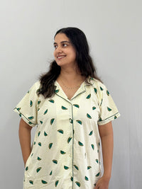 Green Water Melon Printed Ivory Premium Cotton Full Open Long Polo Shirt Dress | Side Pocket | Free Size | Chest Width 44″| Length 44″