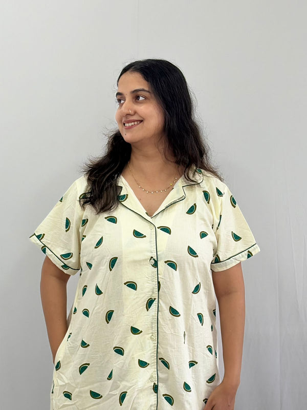 Green Water Melon Printed Ivory Premium Cotton Full Open Long Polo Shirt Dress | Side Pocket | Free Size | Chest Width 44″| Length 44″