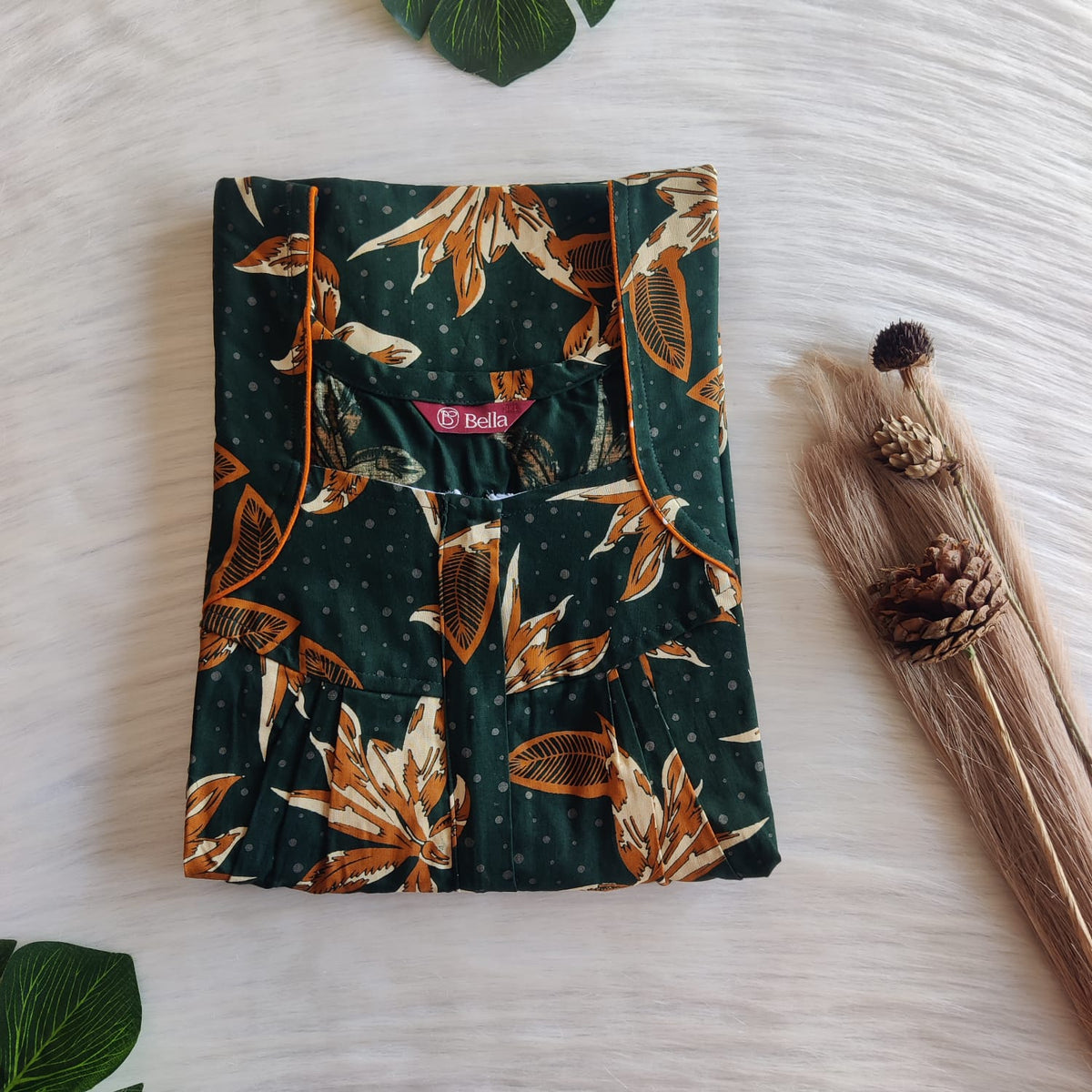 Brown Floral Printed Green Discharge Cotton Pleated Zip Nighty | Chest Width 44″ | Length 54″-55″