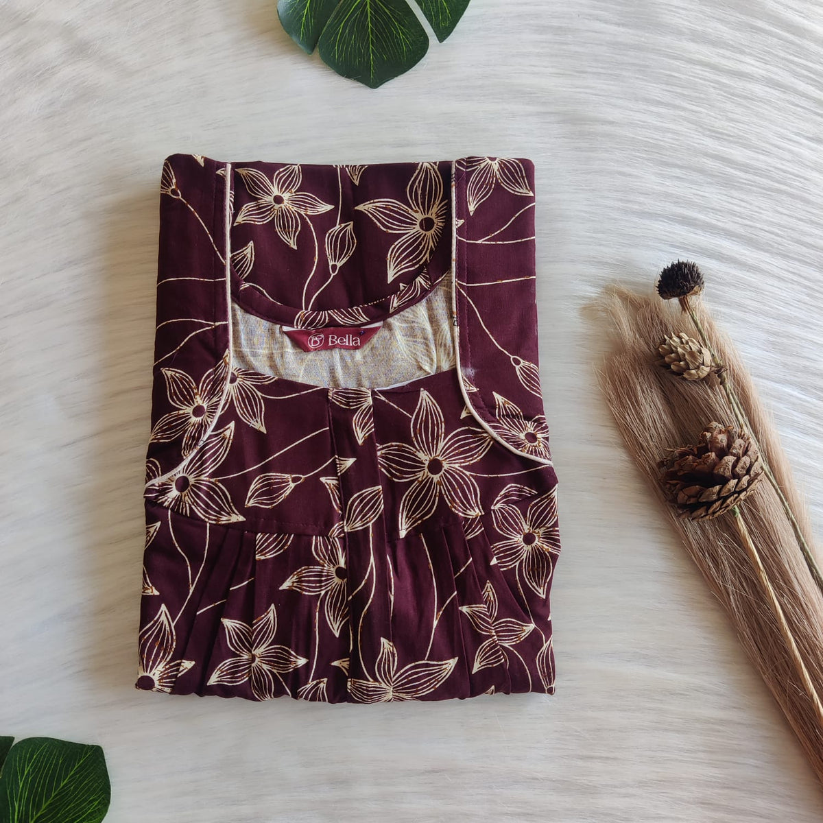 Cream Floral Printed Maroon Gujari Cotton Pleated Zip Nighty | Chest Width 44″ | Length 54″-55″