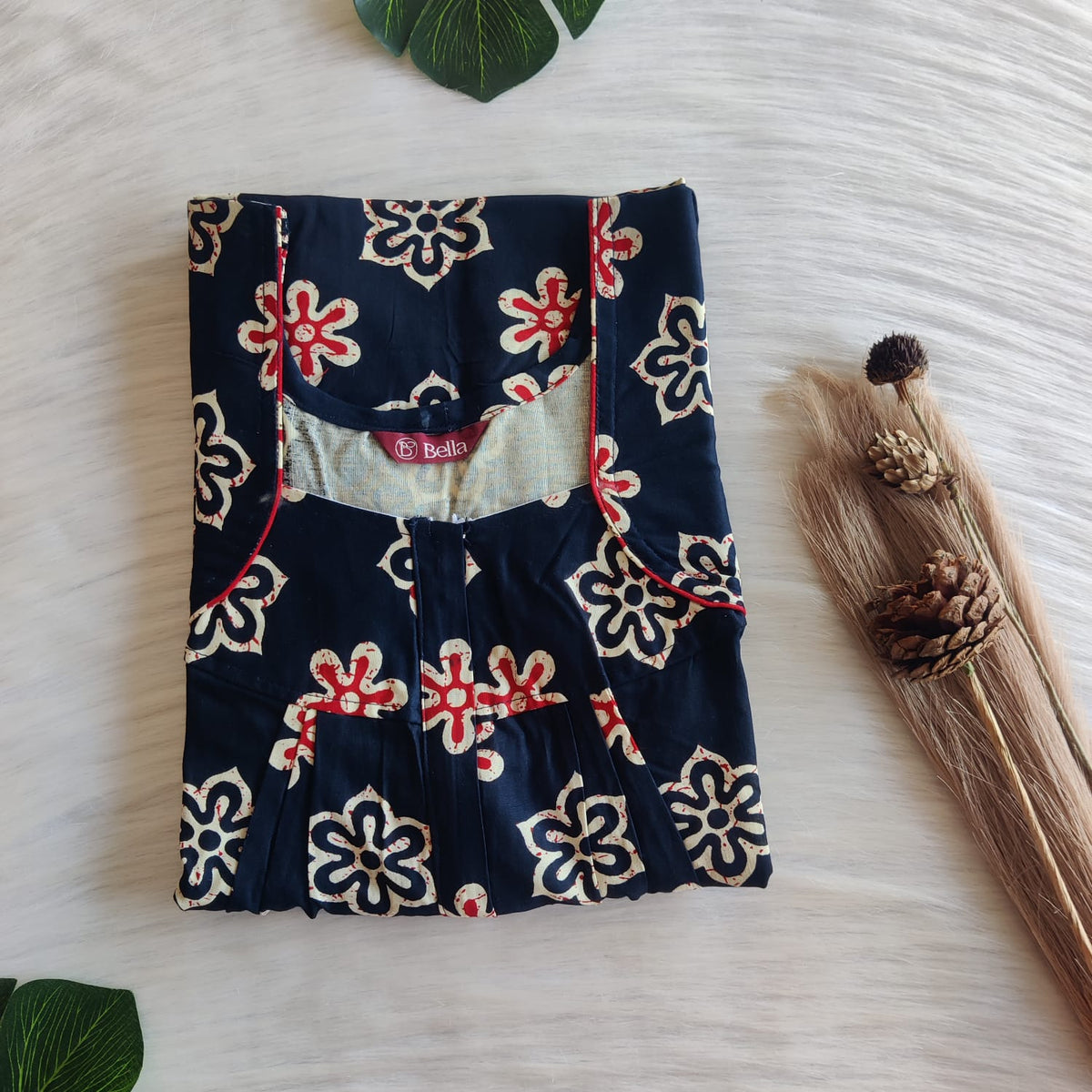 Cream Floral Printed Navy Blue Gujari Cotton Pleated Zip Nighty | Chest Width 44″ | Length 54″-55″