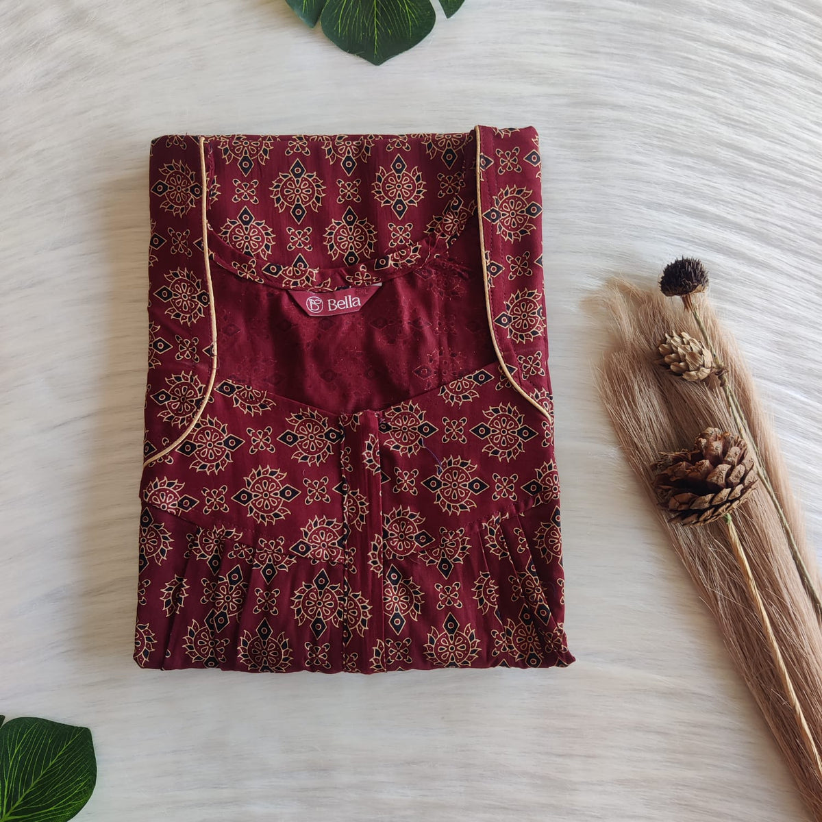 Cream Floral Printed Maroon Gujari Cotton Pleated Zip Nighty | Chest Width 44″ | Length 54″-55″