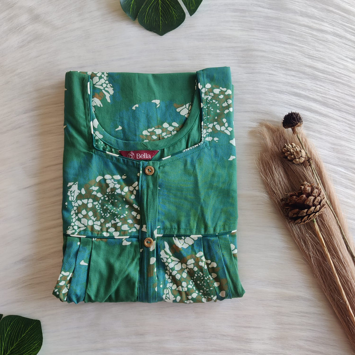 Cream Printed Green Discharge Cotton Button Zip Nighty | Free Size | Chest Width 44″| Length 55″-56″