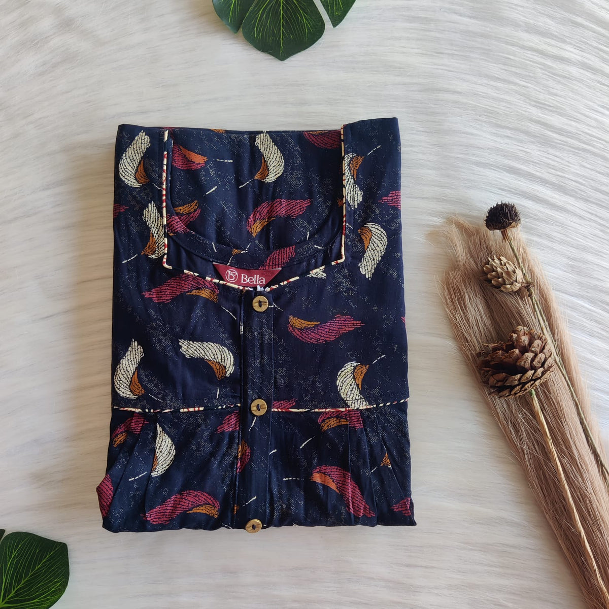 Pink And Cream Printed Navy Blue Discharge Cotton Button Zip Nighty | Free Size | Chest Width 44″| Length 55″-56″