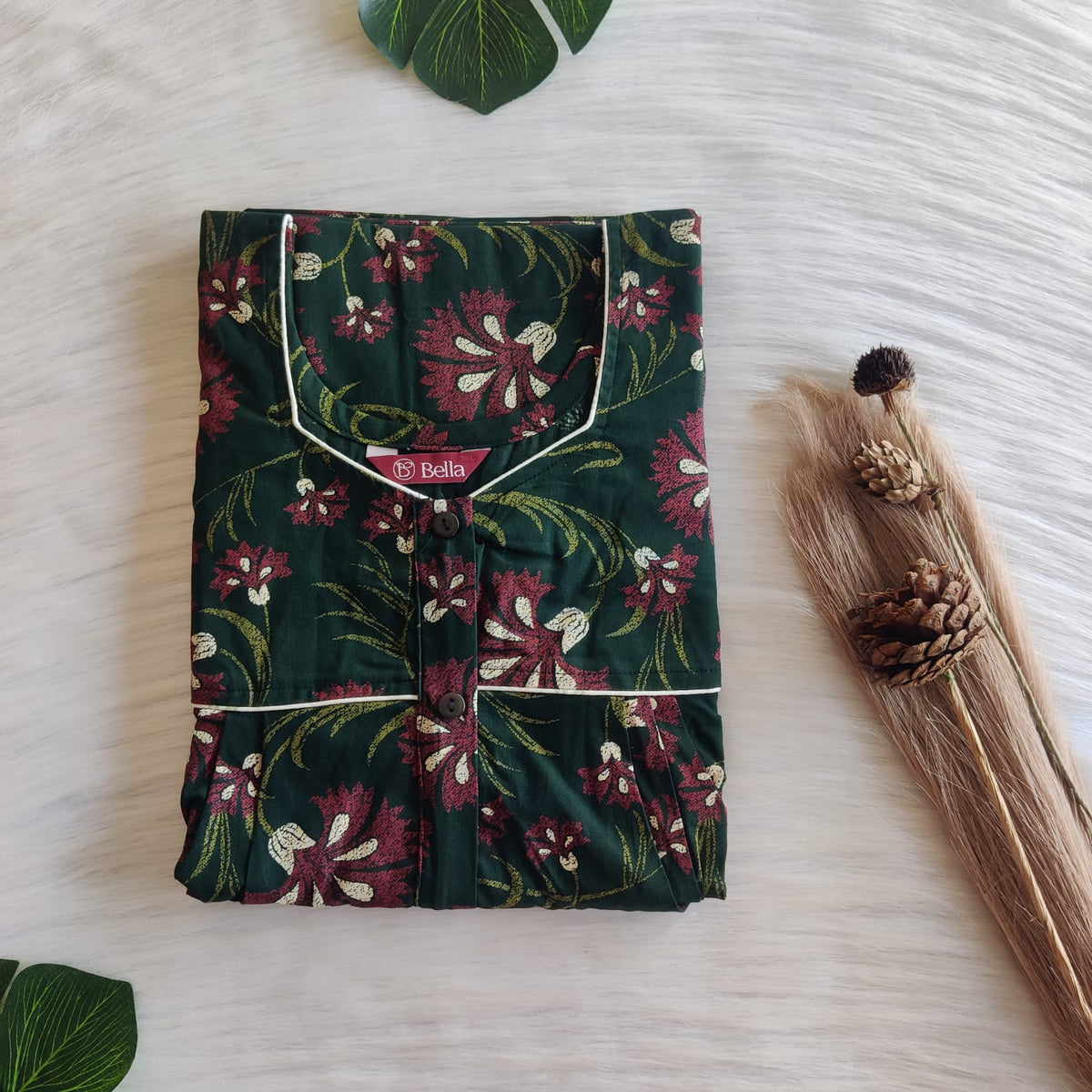 Red Floral Printed Green Discharge Cotton Button Zip Nighty | Free Size | Chest Width 44″| Length 55″-56″