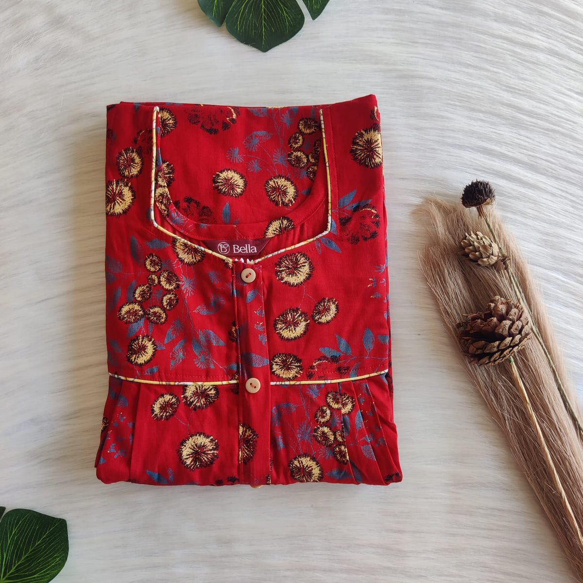 Cream Floral Printed Red Discharge Cotton Button Zip Nighty | Free Size | Chest Width 44″| Length 55″-56″