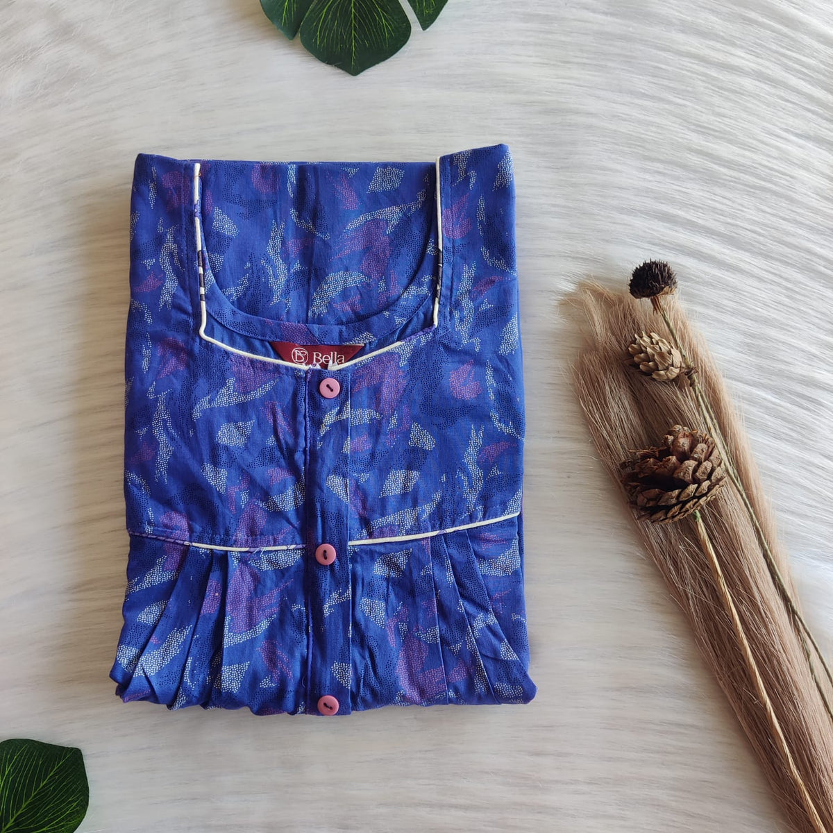 Cream Printed Violet Discharge Cotton Button Zip Nighty | Free Size | Chest Width 44″| Length 55″-56″