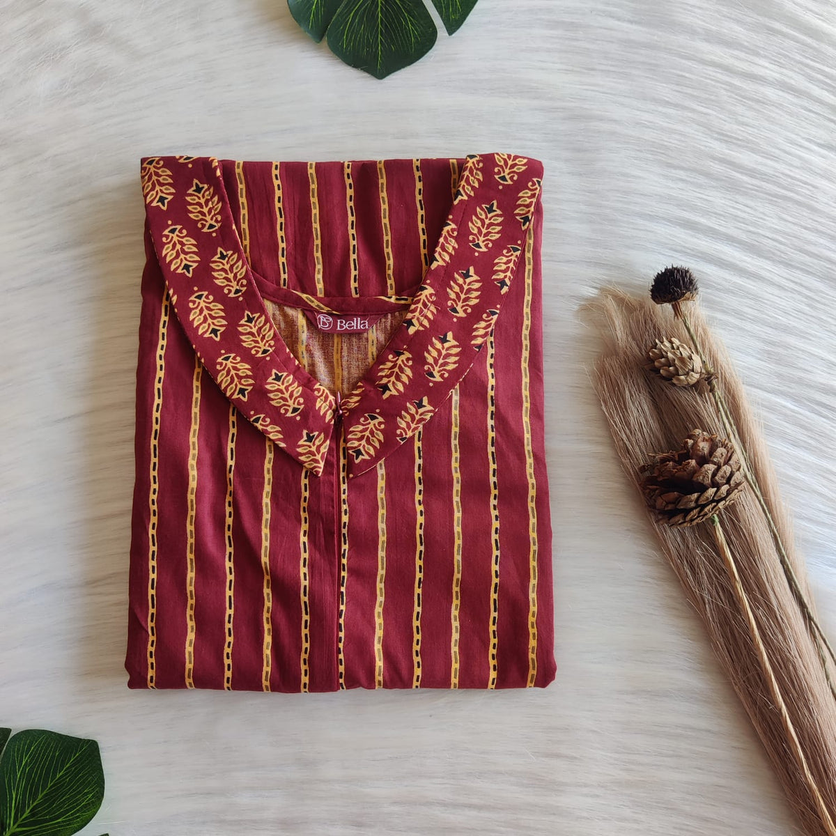 Yellow And Maroon Stripe Printed Premium Cotton Peter Pan Collar Long Zip Feeding Nighty | Free Size | Chest Width 44″| Length 56″