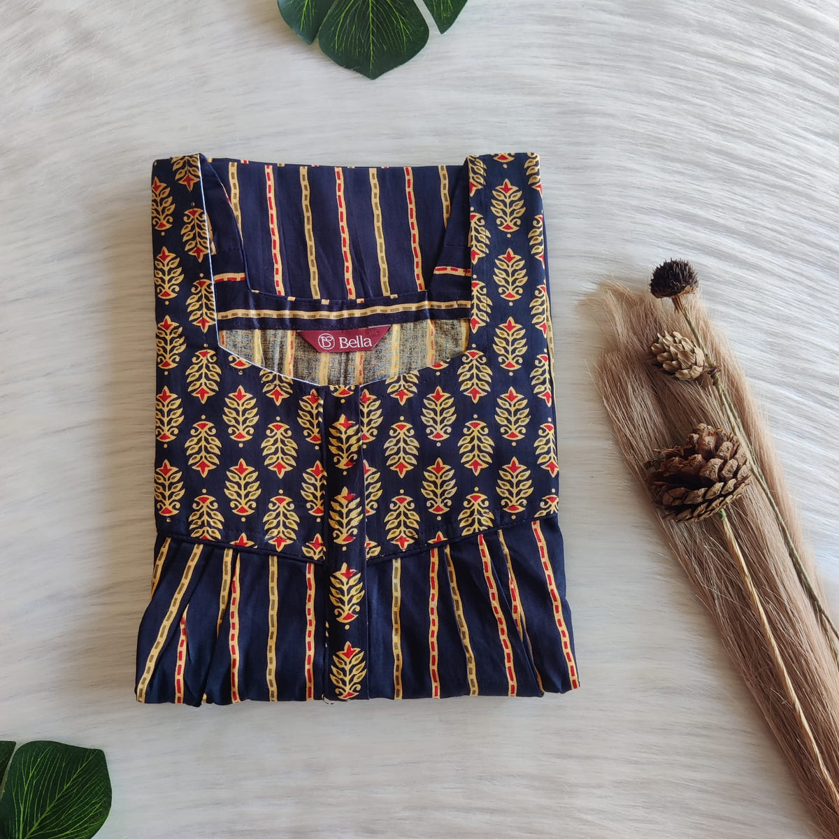 Yellow And Navy Blue Stripes Printed Premium Cotton Square Neck Pleated Nighty | Free Size | Chest Width 44″| Length 55″-56″