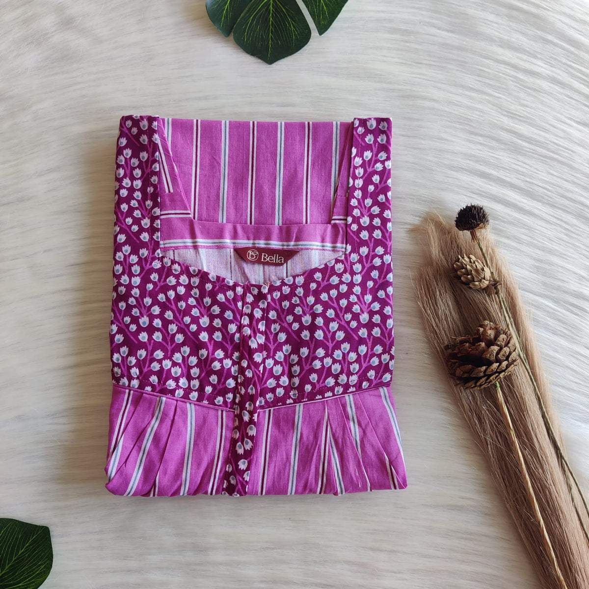 Dark And Pale Pink Stripes Printed Premium Cotton Square Neck Pleated Nighty | Free Size | Chest Width 44″| Length 55″-56″