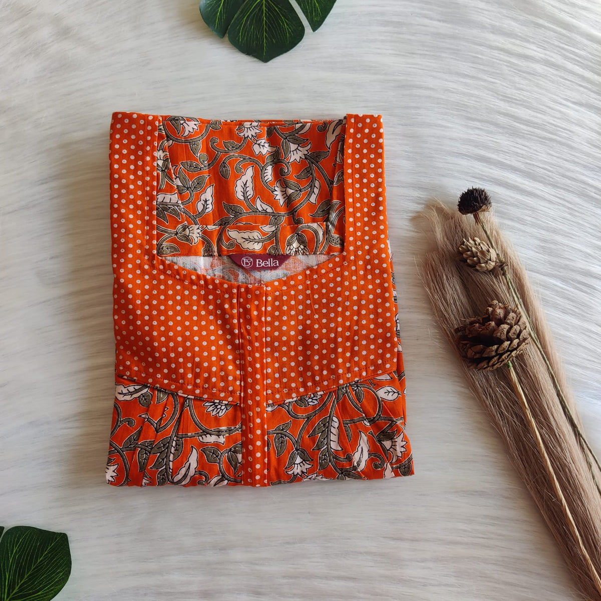 Orange And Green Leaf Printed Premium Cotton Square Neck Pleated Nighty | Free Size | Chest Width 44″| Length 55″-56″