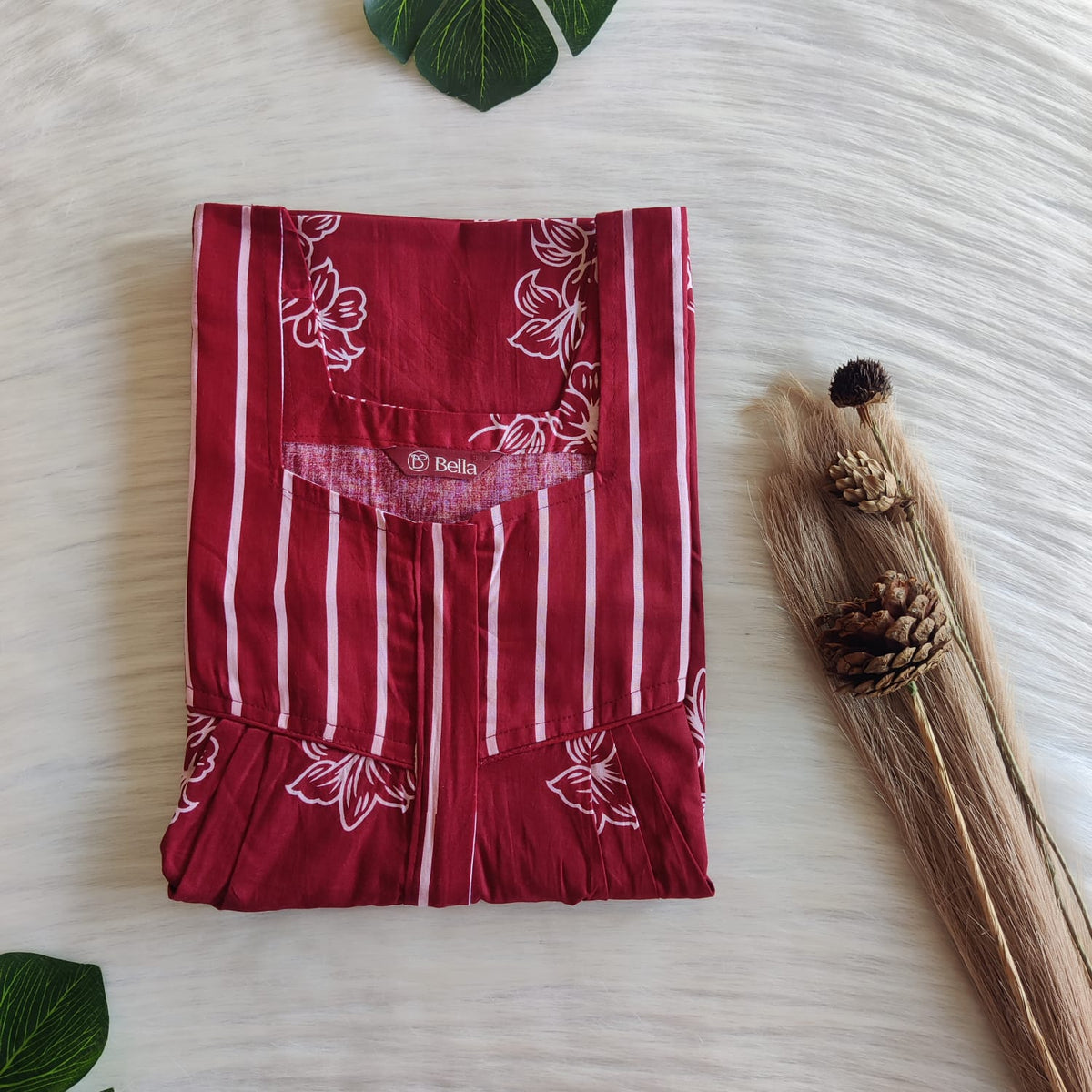Maroon And White Floral Printed Premium Cotton Square Neck Pleated Nighty | Free Size | Chest Width 44″| Length 55″-56″