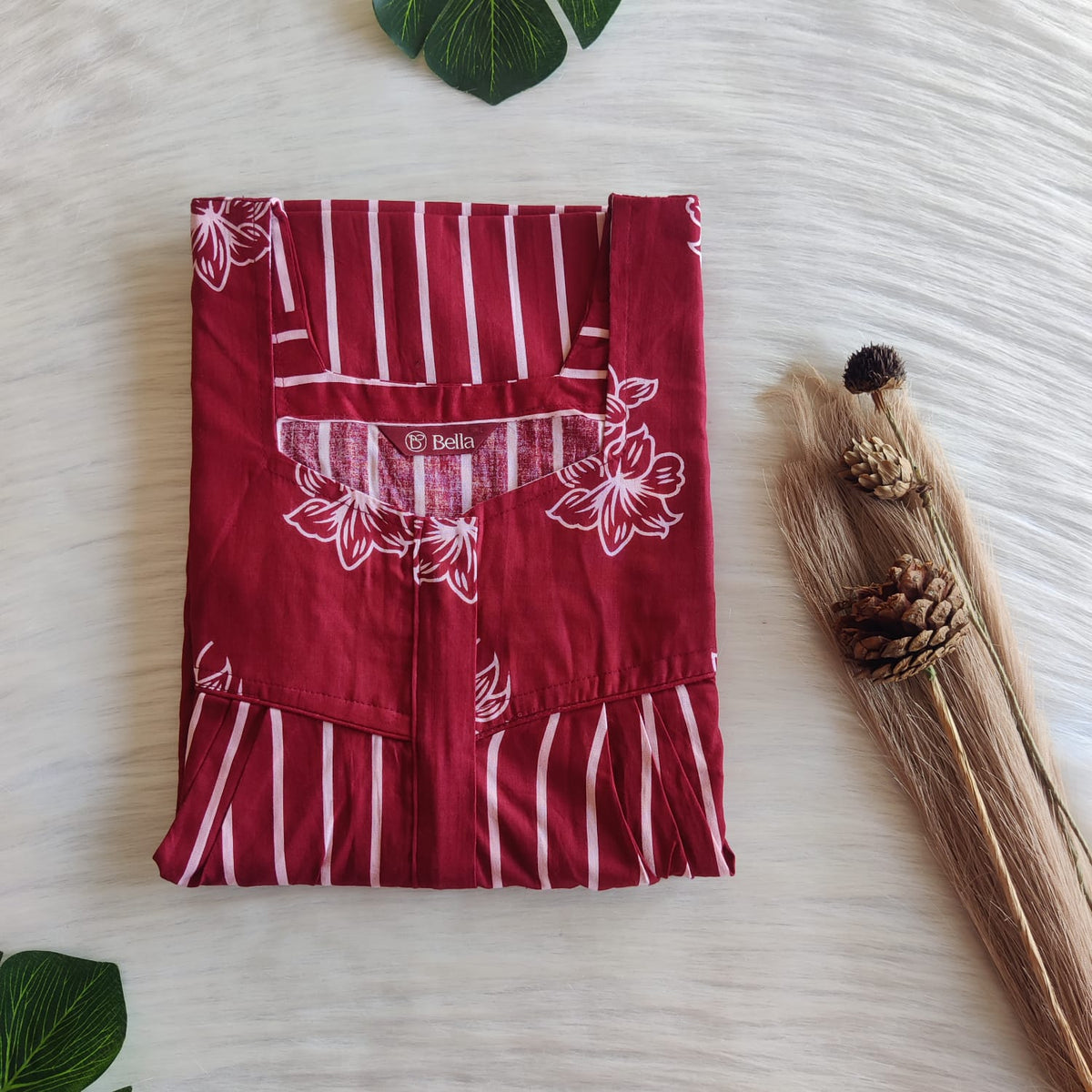 White And Maroon Stripes Printed Premium Cotton Square Neck Pleated Nighty | Free Size | Chest Width 44″| Length 55″-56″